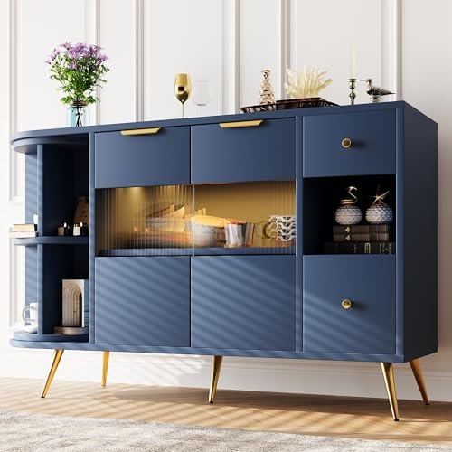 KecDuey Sideboard,Kommode 130 x 40 x 80cm,Esszimmer Wohnzimmer Aufbewahrungsschränke mit Glasschiebetüren und LED-Leuchten Holzanrichte Freistehende Schränke Buffetschränke Küchenschrank (Blau) von KecDuey