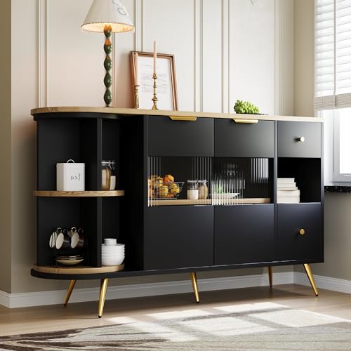 KecDuey Sideboard,Kommode 130 x 40 x 80cm,Esszimmer Wohnzimmer Aufbewahrungsschränke mit Glasschiebetüren und LED-Leuchten Holzanrichte Freistehende Schränke Buffetschränke Küchenschrank (Schwarz) von KecDuey