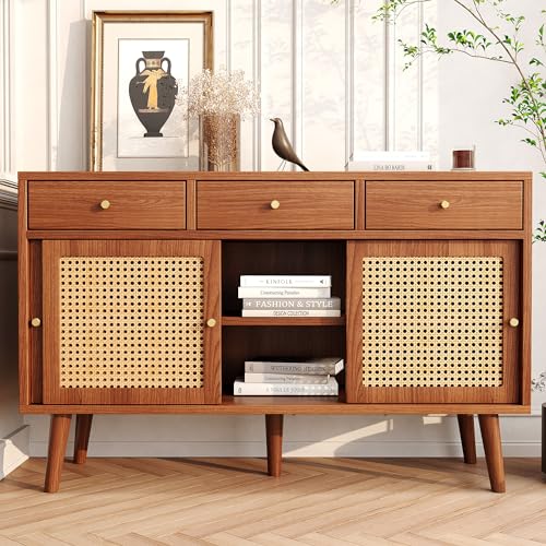 KecDuey Sideboard 120x 40x78cm, Kommode mit 3 Schubladen und 3 Schiebetüren, Rattangeflecht auf den Türfronten, Beine aus massivem Holz, Golden Metall Bügelgriff,verstellbare Ablagen,Eiche (Walnuss) von KecDuey