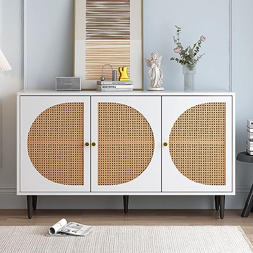 KecDuey Sideboard 129.8X 40x 76cm mit 3 Rattan verzierten Türen Kommode Highboard mit Metallgriffe, für Schlafzimmer & Wohnräume & Büro, Nussbaum (129.8 x 40 x 76 cm, Weiß) von KecDuey