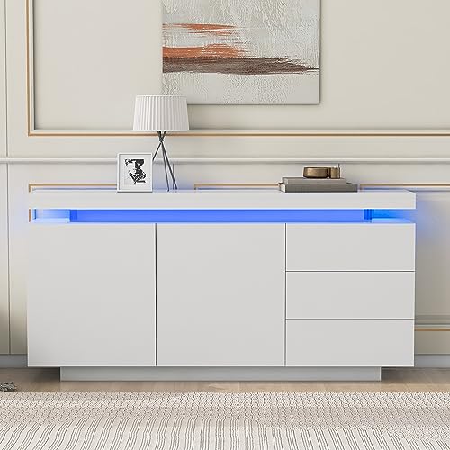 KecDuey Sideboard 140x35x72.5cm,Hochglanz Kommode TV Schrank Modern Wohnzimmer Beistellschrank Standschrank Highboard Anrichte Möbel 2 Türen 3 Schubladenmit LED Licht Grifflose Weiß von KecDuey