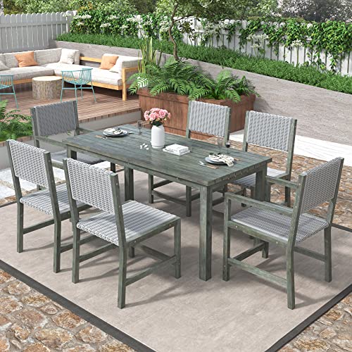 KecDuey Sitzgruppe Lounge Gartenset,7-teiliges Outdoor-Esssets für 6 Personen, Gartenmöbel-Set aus PE-Rattan mit Tischplatte aus Akazienholz, Gartengarnitur Sitzgarnitur (Grau-Grün) von KecDuey