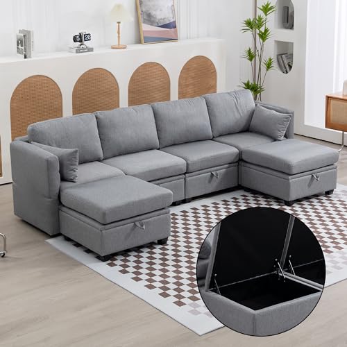 KecDuey Sofa U Form Soft Ecksofa mit Schlaffunktion,mit Lagerung, lässig Spleißen kann Doppelbett Sofa verwenden, Armlehnen faltbar Leinengewebe, extra breite Liegesofa für Wohnzimmer (Grau) von KecDuey