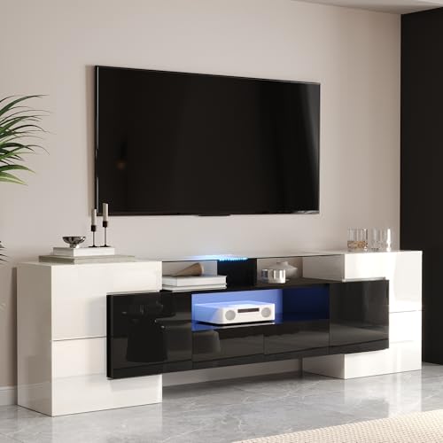 KecDuey TV Schrank 200 cm,Stilvoller TV-Schrank, Lowboard.hochglänzendes mit LED-Beleuchtung, Wohnzimmermöbel. modernes Design. Elegante Glasoberfläche. (Schwarz+Weiß, 200cm) von KecDuey