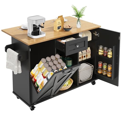 Kücheninsel, Küchenwagen für Mülleimer, Küchenschrank, Multifunktionale Esstisch mit Speicherraum, Speisewagen mit Snackregalen und Stretchfunktionsschränken (Schwarz) von KecDuey