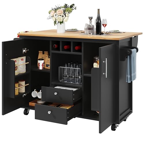 Küchenwagen,Kücheninsel 120 x 73 (45) x 92 cm Küchenschrank,Buffetschrank und klappbarer Arbeitsplatte mit Handtuchhalter Gewürzregal Türregal Weinregal und verstellbaren Einlegeböden (Schwarz) von KecDuey