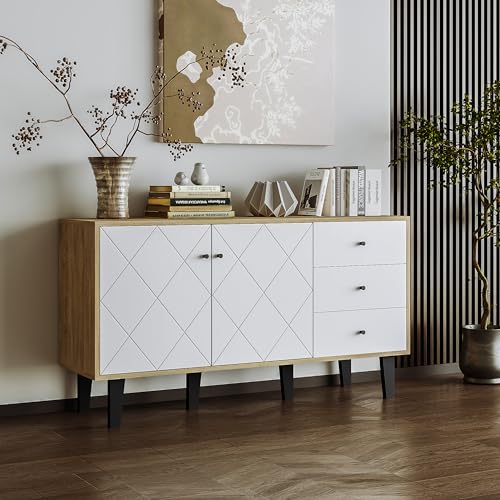 Moderne Kommode,148 x 42 x 81cm Sideboard mit großem Stauraum, Zwei Türen und DREI Schubladen mit einem verstellbaren Regal für Esszimmer, Wohnzimmer oder Küche (Weiß) von KecDuey