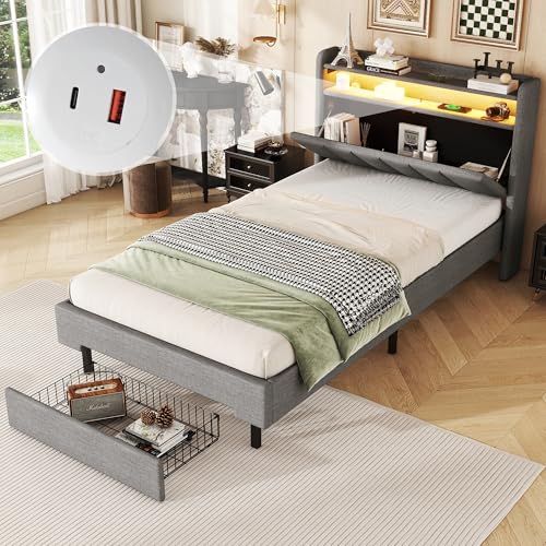 Polsterbett 90x200cm, Flachbett mit Schublade, Einzelbett mit LED-Wärmelampe, USB-Steckdose, Lattenrost aufklappbares Kopfteil, eingebautes Staufach, Bettkästen Grau Polsterbett 90x200cm, Flachbett mit Schublade, Einzelbett mit LED-Wärmelampe, USB-Steckdose, Lattenrost aufklappbares Kopfteil, eingebautes Staufach, Bettkästen Grau von KecDuey
