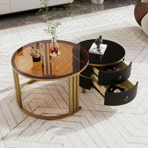 Satztisch,70*70*46 + 50*50*40 cm 2-in-1 runder MDF-Couchtisch, Beistelltisch mit glänzender Platte und 1 weißer Marmorplatte, Wohnzimmer-Couchtischkombination mit 2 Schubladen (Glas+Schwarz) von KecDuey