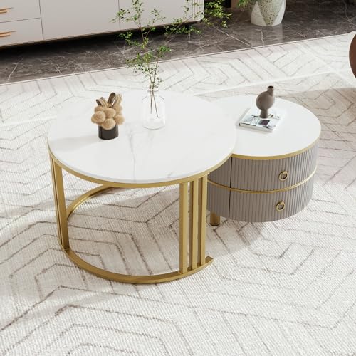 Satztisch,70*70*46 + 50*50*40 cm 2-in-1 runder MDF-Couchtisch, Beistelltisch mit glänzender Platte und 1 weißer Marmorplatte, Wohnzimmer-Couchtischkombination mit 2 Schubladen (Goldbeine+Grau) von KecDuey
