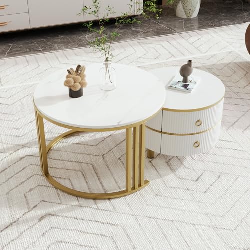 Satztisch,70*70*46 + 50*50*40 cm 2-in-1 runder MDF-Couchtisch, Beistelltisch mit glänzender Platte und 1 weißer Marmorplatte, Wohnzimmer-Couchtischkombination mit 2 Schubladen (Goldbeine+weiß) von KecDuey