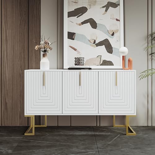 Sideboard, Modernes 3-türiges Kommode mit verstellbaren Regalen, U-förmigen Schranktüren und Metallgriffen und Sockel für Esszimmer und Küche und Flur (Weiß) von KecDuey