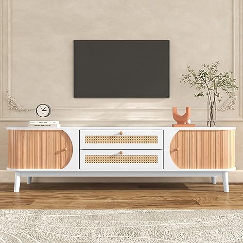 TV Schrank Natürlicher Holz Blend TV lowboard mit Türen und Schubladen TV Ständer mit Rattanseiten aufbewahrungslösung, Natürlicher Landhausstil (170 x 39,5 x 46 cm, Weiß und Holzfarbe) von KecDuey