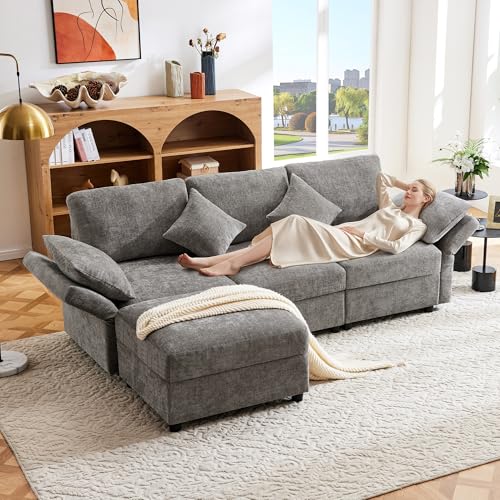 Umwandelbares 3 Sitzer Schlafsofa,L-förmiges Ecksofa mit Fußhocker,4 Kissen, verstellbare Armlehnen, bequemer Chenille-Stoff, geeignet für Wohnzimmer,Büro,Wohnung (Grau) von KecDuey