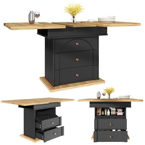 klappbarer Esstisch Teleskoptisch(110-140×80cm), Ausziehbarer Esstisch,platzsparender Küchentisch,für Küche und Wohnzimmer,Minimalistisches Schranktür-Design,Küchentisch für 4-6 Personen (Schwarz) von KecDuey