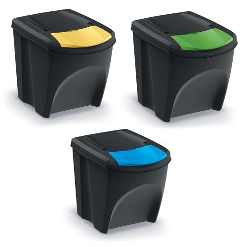 Keden Sortibox Mülltrennsystem 3x25L Set Mülltrennungsbehälter Recycling Recyclingbehälter Abfallsortierkorb Behälter Abfalleimer aus Kunststoff (Schwarz) von Keden