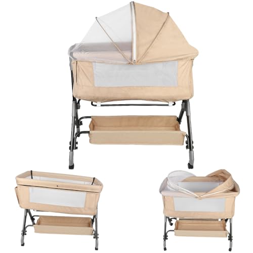 Kedia Babybett, Beistellbett, Kinderbett mit Moskitonetz, Kinderreisebett mit Rollen, 4 Höhenverstellung, Babybetten Stubenwagen, 104 * 52 * 103-115cm (Beige) von Kedia