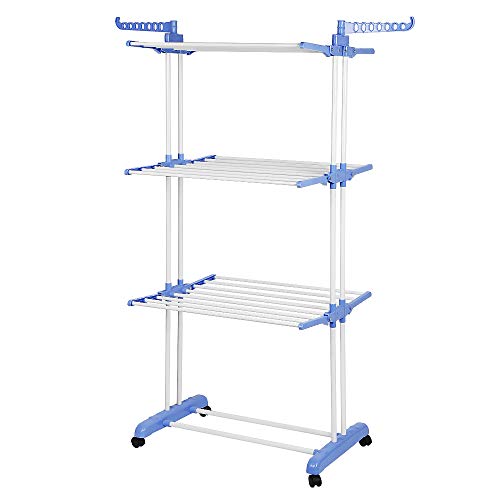 Kedia Wäscheständer Turm 75 * 64 * 170cm, Wäscheständer mit Klappflügeln und Rollen, Platzsparender Turm-Wäscheständer (blau weiß) von Kedia