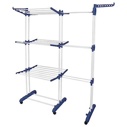 Kedia Wäscheständer mit Rollen Wäscheständer Turm Klappbar Standtrockner Wäscheständer mit Klappflügeln Wäscheturm fur Innen und draußen (B-75-142.5 * 64 * 170cm blau+weiß) von Kedia