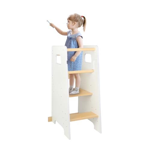 Lernturm für Kinder aus Robuster Holz - mit 3 höhenverstellbaren Ebenen - Tritthocker Kinder - Learning Tower, Kinder Lernturm, Baby Stehen Fußstuhl (Weiß) von Kedia