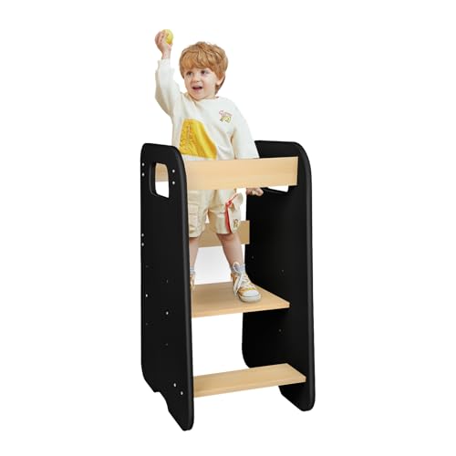 Tritthocker Kinder -mit 3 höhenverstellbaren Ebenen - Learning Tower, Kinder Lernturm, Trittschemel für Baby, Lernturm ab 1 Jahr (schwarz) von Kedia
