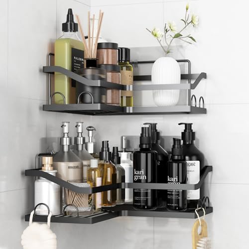 KedioPio Duschablage Ohne Bohren Ecke, 2 Stück Rostfreie Duschregal Ecke Badregal, Selbstklebende Badezimmer Eckregal Duschkorb Dusche Halterung Organizer mit 8 Haken für Bad und Küche, Schwarz von KedioPio