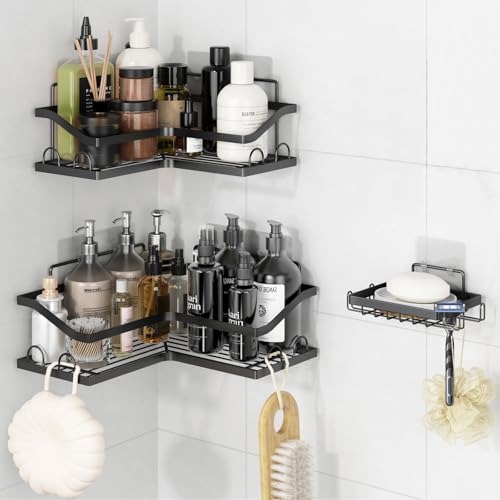 KedioPio Duschablage Ohne Bohren Ecke, 3 Stück Rostfreie Duschregal Ecke Badregal mit Seifenhalter, Selbstklebende Badezimmer Eckregal Duschkorb Dusche Organizer mit 12 Haken für Bad Küche, Schwarz von KedioPio