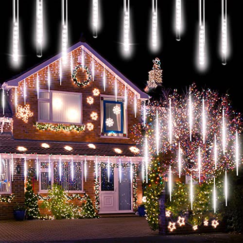 Kedoxi Lichterkette Außen, 6.8m Weihnachtsbeleuchtung Außen, Eiszapfen Lichterkette Außen 8 Röhren, Wasserdicht Meteorschauer Lichterkette Aussen 192 LED für Weihnachtsdekoration, Garten, Aussen, Weiß von Kedoxi