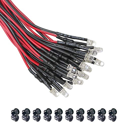 KeeYees 20Pcs 3mm Leds mit 20cm Kabel DC 12V Led fertig verkabelt (weiß) + 20Pcs 3mm LED Montageringe Plastik von KeeYees