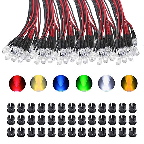 KeeYees 60Pcs 5mm LEDs mit 20cm Kabel DC 12V Led Fertig Verkabelt - Weiß Warm Weiß Rot Blau Grün Gelb (10Pcs X 6 Farben) + 60Pcs 5mm Plastik LED Montageringe von KeeYees