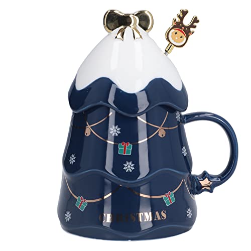 Keebgyy Weihnachtskaffeetasse, 500 Ml, Großes Fassungsvermögen, Weihnachtstasse, Keramik-Teemilchtasse, Kaffeetasse mit Deckellöffel Hause,(Blauer Deckel mit Rührlöffel) von Keebgyy