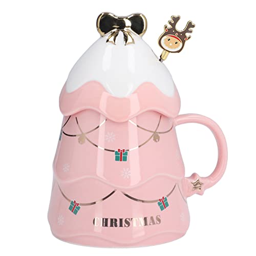 Keebgyy Weihnachtskaffeetasse, 500 Ml, Großes Fassungsvermögen, Weihnachtstasse, Keramik-Teemilchtasse, Kaffeetasse mit Deckellöffel Hause,(Rosa mit Deckel und Rührlöffel) von Keebgyy