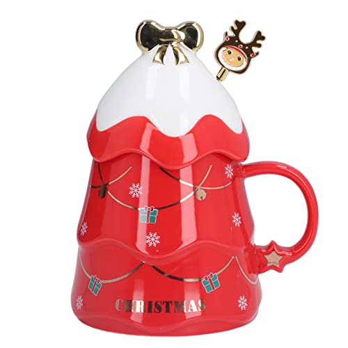 Keebgyy Weihnachtskaffeetasse, 500 Ml, Großes Fassungsvermögen, Weihnachtstasse, Keramik-Teemilchtasse, Kaffeetasse mit Deckellöffel Hause,(Rot mit Deckel und Rührlöffel) von Keebgyy