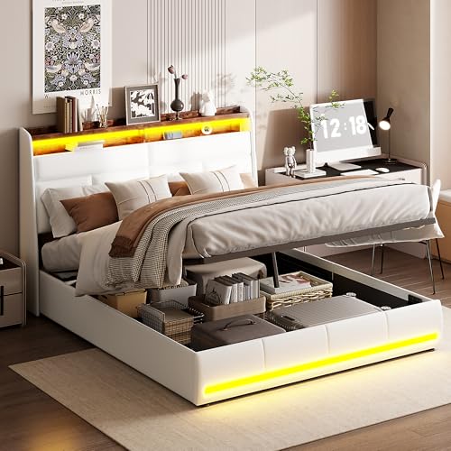 Lift Bett Bettgestell mit LED Kopfteil PU Leder Plattformbett Modern Bettgestell Bettgestell Keine Boxspring benötigt von Keebgyy