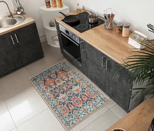 Keen Home Design Teppich, maschinenwaschbar, mit rutschfester Unterseite, ideal für Eingangsbereich, Küche, Bad, Waschküche, Vintage, pflegeleicht, langlebig, niedriger Florteppich – (60 x 90 cm) von Keen Home Design