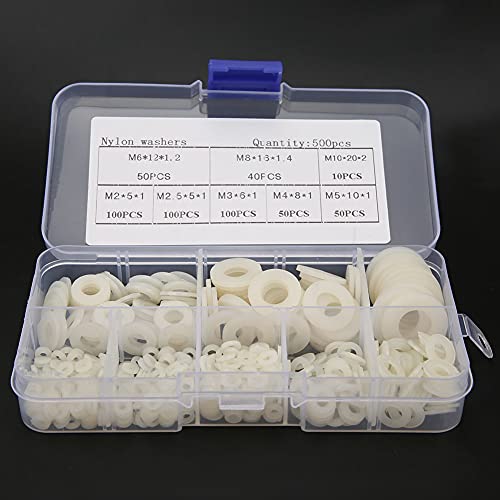 Keenso Spread Last Nylon Waschmaschine Set M2 M2,5 M3 M4 M5 M6 M8 M10 Hardware -Befestigungselemente für die Vorbeugung von Oberflächenschäden 500 PCs (500pcs weiße Nylonwaschmaschine) von Keenso
