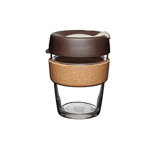 KeepCup Wiederverwendbare Kaffeetasse aus gehärtetem Glas, Reisebecher mit spritzdichtem Deckel, Brew Cork Band, leicht, BPA-frei, mittelgroß, 340 ml, Mandel von KeepCup