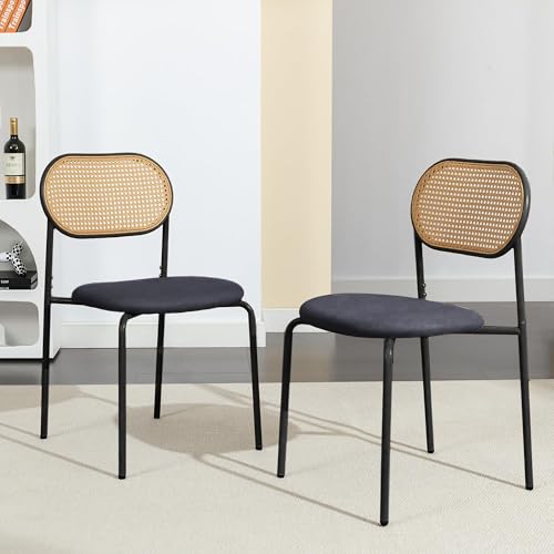 2er Set Retro Esszimmerstühle Rattan Stuhl PE-Rattan + Eisenrohr + Kissen Verstellbare Beine Küchenstuhl Verstellbare Füße (Schwarz + Original Holzfarbe) von KeepGoon