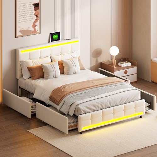 KeepGoon Doppelbett,Polsterbett 140x200, LED-Bettgestell mit 2 USB-Ladestationen,Stauraumbett mit 4 Schubladen und Lattenrost, Kopfteil,Jugendbett,Leinenstoff,gepolstertes Plattformbett (Beige) von KeepGoon