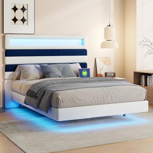 KeepGoon Doppelbett 140 x 190 cm, Hängebett, Holzplatte, verstellbar, USB-Ladeanschluss + LED, mit Kopfteil und Lattenrost, gepolstertes Bett aus Samt KeepGoon Doppelbett 140 x 190 cm, Hängebett, Holzplatte, verstellbar, USB-Ladeanschluss + LED, mit Kopfteil und Lattenrost, gepolstertes Bett aus Samt von KeepGoon