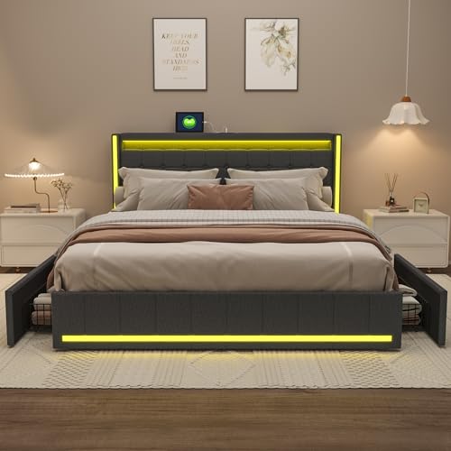 KeepGoon Doppelbett 160 x 200 cm,Polsterbett mit LED-Leuchten, 4 Eisenschubladen und einem USB Ladeanschluss,Stauraumbetten Bettgestell,Leinenstoff (Dunkelgrau) von KeepGoon