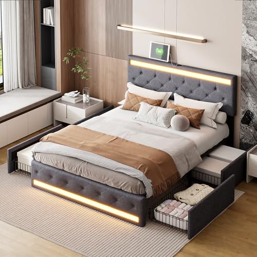 KeepGoon Doppelbett 140x200cm,Polsterbett mit 4 Eisenschubladen,Langer USB-Anschluss und Nachttischlampenleiste,Stauraumbett,mit lattenrost,Leinenstoff,Verstellbares Kopfteil von KeepGoon