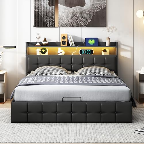 KeepGoon Doppelbett 160 x 200cm,Polsterbett mit Stauraum und Lattenrost,LED-Kopfteil mit USB-Funktion,stauraumbett,Funktionsbetten,Schwarzes Leder,Luftdruckstab,Aufbewahrung weiches Bett von KeepGoon