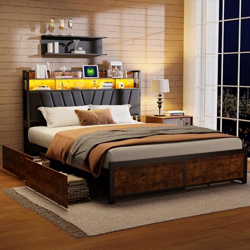 KeepGoon Doppelbett 180 x 200 cm,Schubladenbett mit LED-Licht USB-Buchse, PU-Kopfteil mit Zwei Ebenen mit Ablagefächern, Kopfteil mit Stauraum,Bett aus Stahlholz,Mattschwarze Tigerhautfarbe von KeepGoon