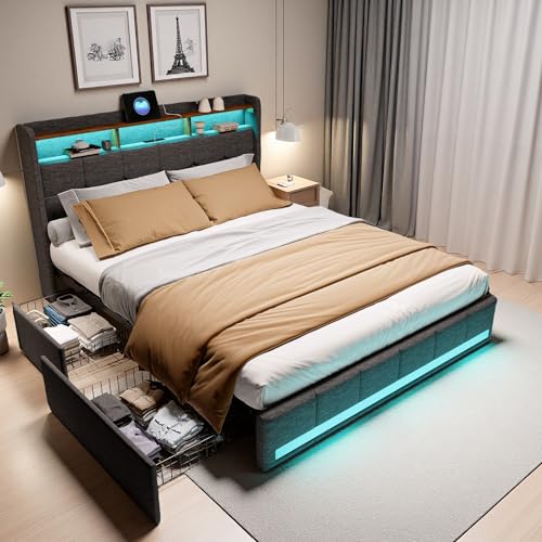 KeepGoon Doppelbett mit 4 Schubladen, 140 x 190 cm, gepolstertes Bettgestell mit USB-Ladestation und LED-beleuchtetem Kopfteil mit Stauraum, Grau von KeepGoon