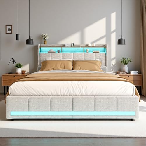 KeepGoon Doppelbett mit 4 Schubladen, 140 x 200 cm, gepolstertes Bettgestell mit USB-Ladestation und LED-beleuchtetem Kopfteil mit Stauraum, Beige KeepGoon Doppelbett mit 4 Schubladen, 140 x 200 cm, gepolstertes Bettgestell mit USB-Ladestation und LED-beleuchtetem Kopfteil mit Stauraum, Beige von KeepGoon
