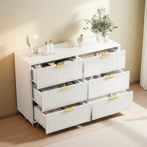 KeepGoon Kommode mit 6 Schubladen, 100 x 34 x 73 cm, Wellenmuster, Weiß, für Schlafzimmer, Wohnzimmer und Büro von KeepGoon