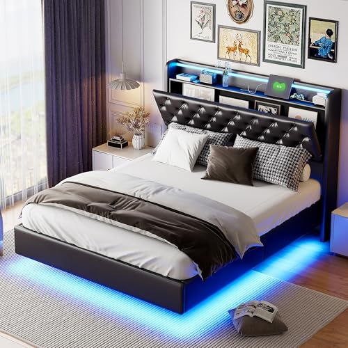 KeepGoon Polsterbett 160 x 200 cm mit LED-Licht und USB-Anschluss, Doppelbett mit Stauraum, Schwebebett, PU-Material, Lattenrost, schwebend, Schwarz von KeepGoon