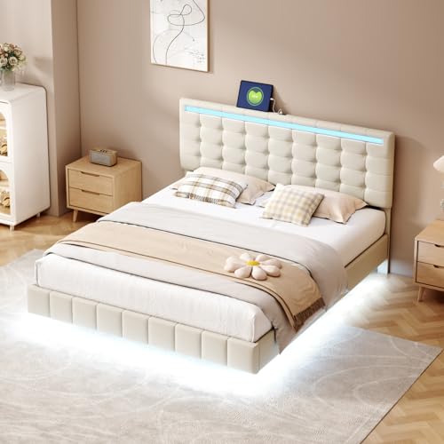 KeepGoon Polsterbett 160x200 Doppelbett,Schwebebett mit LED-Beleuchtung und 2 USB,Bettrahmen mit Lattenrost,flächiges Doppelbett-Gästebett in Hautfreundlicher Leinenstoff Grau (Beige) von KeepGoon