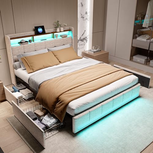 KeepGoon Polsterbettrahmen mit USB Ladestation und LED-beleuchtetem Kopfteil, 140×200cm Doppelbett Stauraumbetten Funktionsbett Bettgestell, Bettrahmen mit 4 Schubladen Beige von KeepGoon